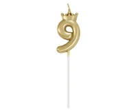 Świeczka cyferka 9, z koroną, szampańskie złoto, dł. całkowita 12 cm
